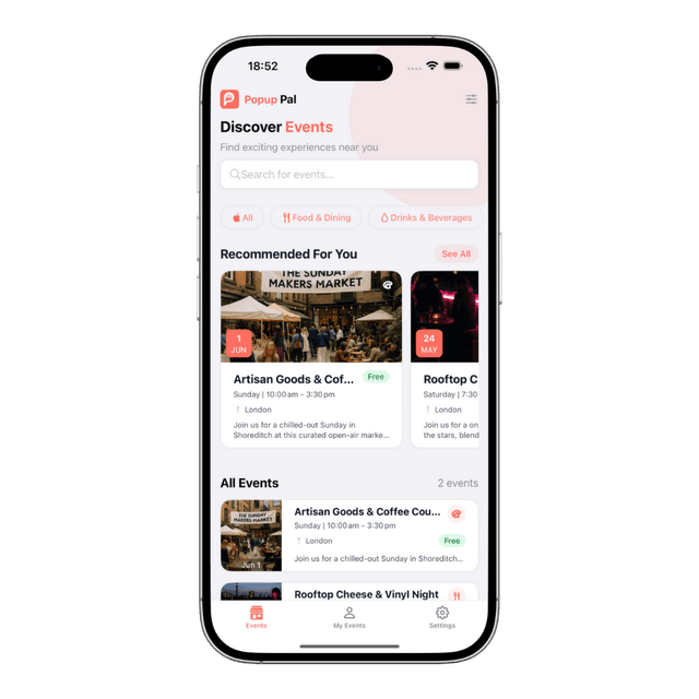 Popup Pal app discover screen